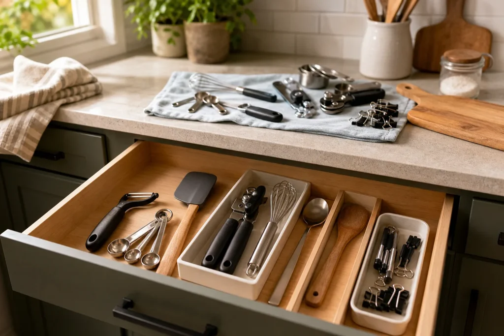 AI-generated editorial illustration for A Calm Way to Sort a Crowded Kitchen Drawer