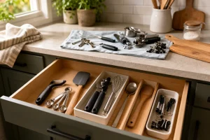 AI-generated editorial illustration for A Calm Way to Sort a Crowded Kitchen Drawer